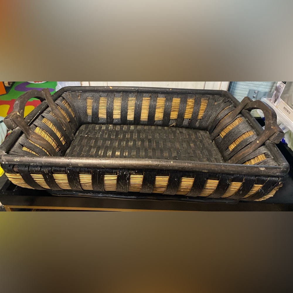 Woven Black and Natural Rattan Serving Tray with Handles